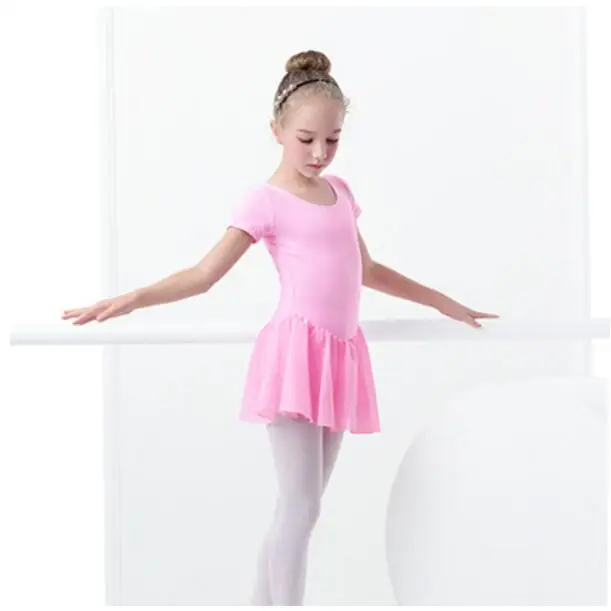 Pink Short Sleeve Балетное платье для девочек гимнастическое боди с длинным рукавом детская розовая балетная Одежда для танцев с шифоновыми юбками для девочек - Цвет: Pink Short Sleeve