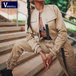 Комплект брюк-карго Vangull Женский, укороченный короткий жакет и брюки-карго, осенний костюм для бега с пряжкой, уличная одежда