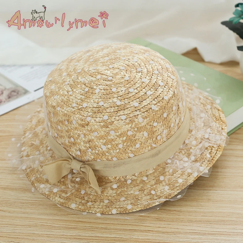 Соломенная шляпа с бантом и плоским верхом черными кружевами | Аксессуары для