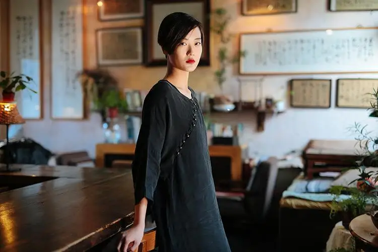 Johnature 2020 Summer Style Women Solid Color Black Dress Robe Three Quarter Sleeve Round Neck High Slit Long Silk Gown | Женская одежда