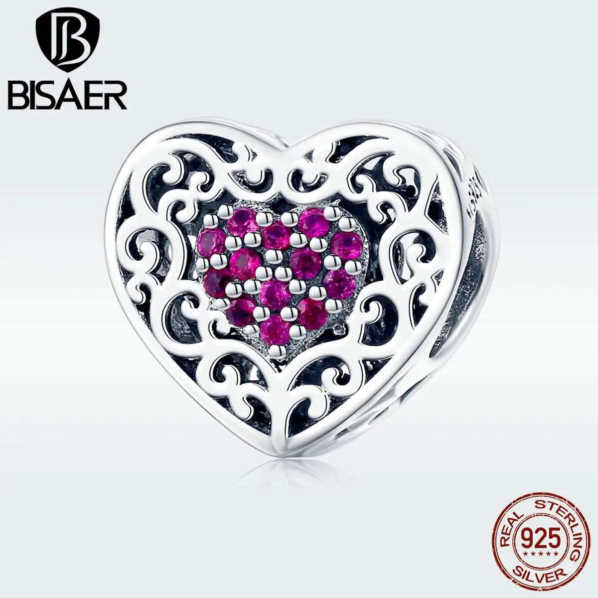 BISAER, 925 пробы, серебро, европейский стиль, сердце, геометрические бусины, подходят для шарма, браслеты, серебро 925, ювелирные изделия ECC1109