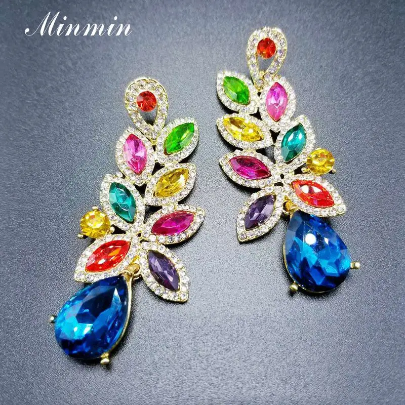 Multicolor Minmin, милые серьги в форме листа с кристаллами для женщин, новинка, кластер, цветок, стразы, КАПЛЕВИДНАЯ подвеска, серьги, модное ювелирное изделие, EH1585 - Окраска металла: Multicolor