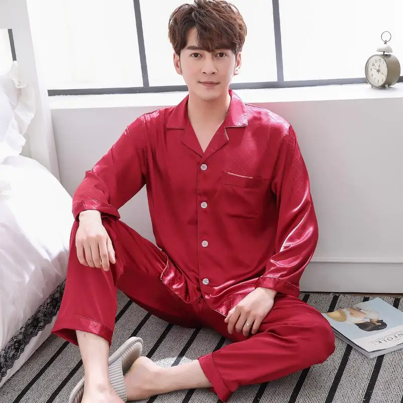 Summer New Male Print Pajamas Suit Casual Men Short Sleeve Satin PJ Home Wear Loose Nightwear Sleep Set Rayon Sleepwear - Цвет: Style A