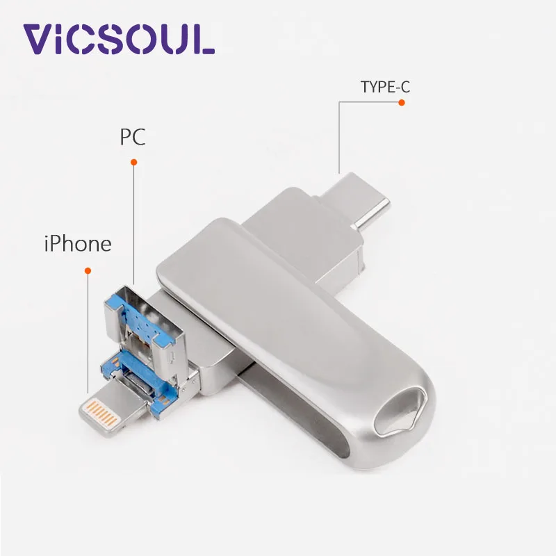

Vicsoul 3 in 1 USB 3.0 Flash Drive for iPhone/Android 16GB 32GB 64GB 128GB Otg Pendrive Type-C Usb Memory Stick Metal Pen drive