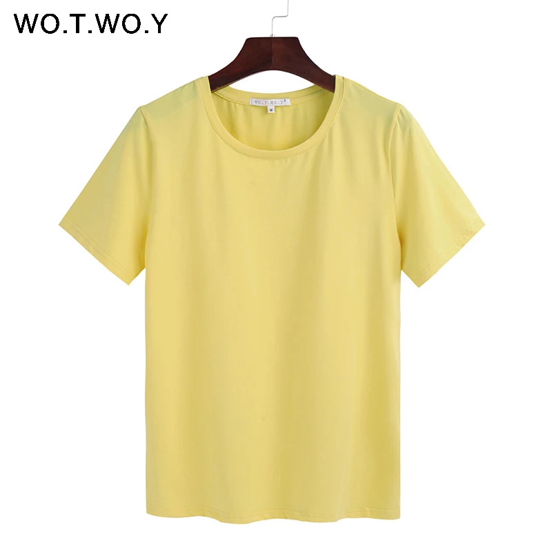503yellow WOTWOY летняя хлопковая Футболка женская Свободная Стильная однотонная футболка женский топ с коротким рукавом с круглым вырезом Женская футболка 12 цветов - Цвет: 503yellow