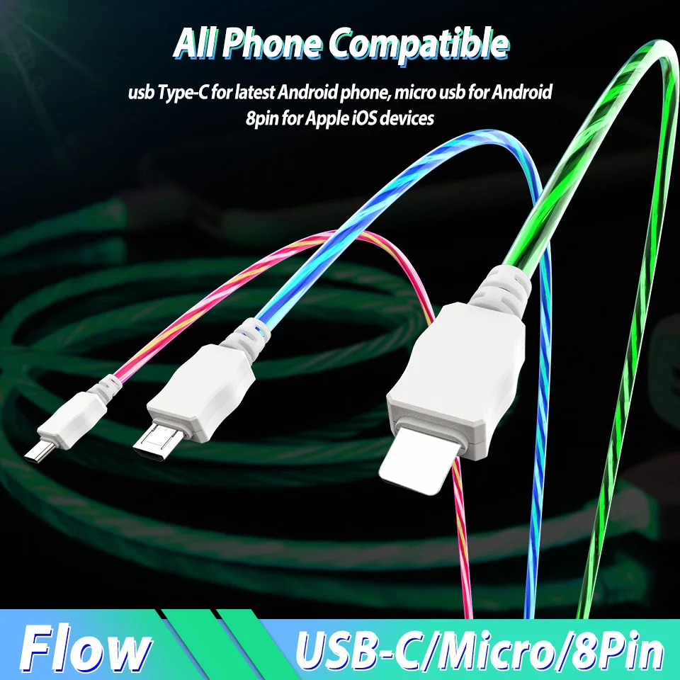 Светодиодный светящийся струящийся Usb type C зарядный кабель шнур Micro Usb зарядное устройство провод линия для Samung Galaxy A8 A9 M30 S9 Cavo Usbc 1 м