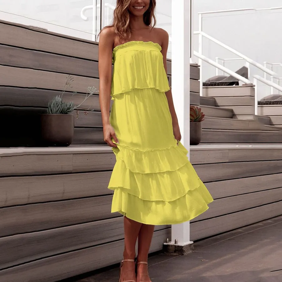 Summer Boho Women Crop Top Sleeveless Pleated Two Pieces Skirt Set Female Ruffled Cake | Женская одежда