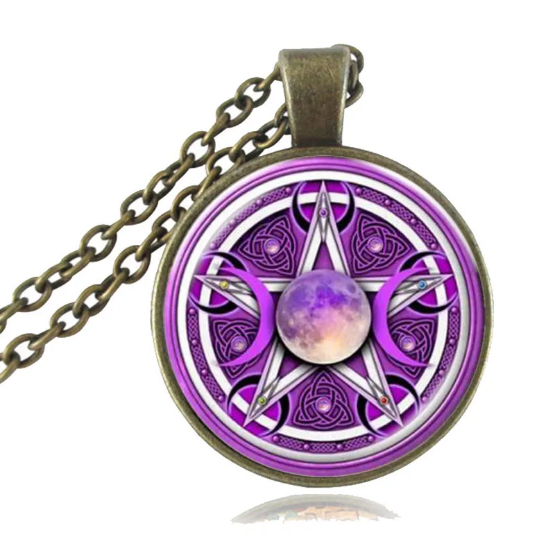 Тройная Луна кулон богини пентаграмма ожерелье ювелирные изделия с изображением ведьмы стеклянный купол Wicca n Ожерелье Серебряная цепочка Шарм Wicca ювелирные изделия HZ1 - Окраска металла: D1