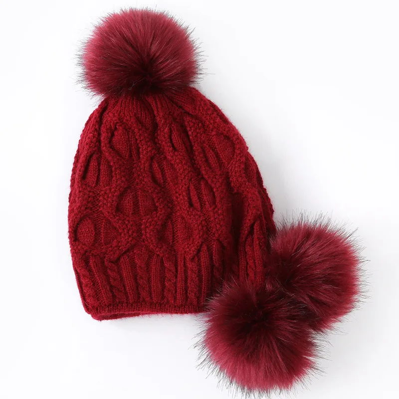 2019 шерсть кролика шапка с помпонами Skullies и шапочки хлопок шляпа Мода