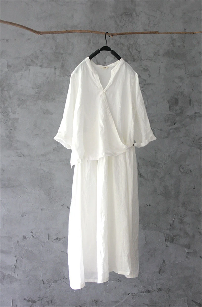 2019 Оригинальное льняное Макси платье Харадзюку летнее Новое Женское с v-образным