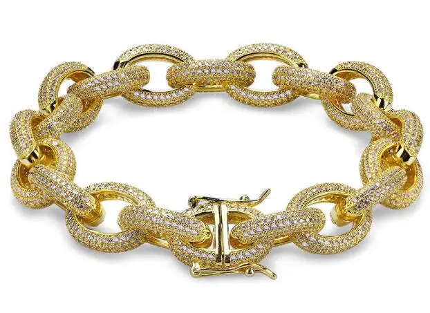 gold Хип-хоп King12mm витая и овальная запонка браслет Iced Out Micro Pave Циркон хип-хоп мода Панк цепь Bling Подвески Ювелирные изделия - Окраска металла: gold