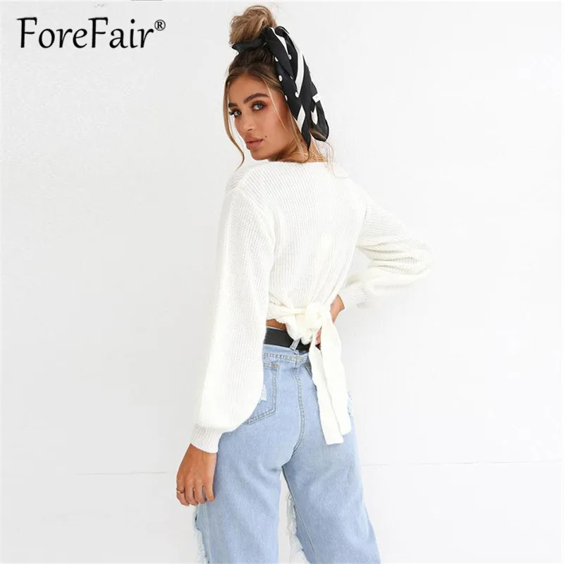 Женский вязаный свитер Forefair белый облегающий Топ с длинным рукавом и треугольным