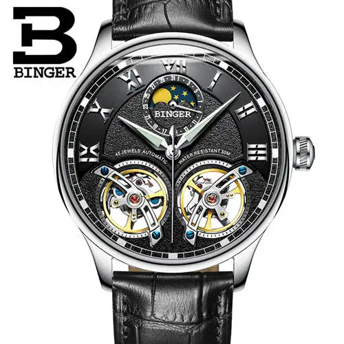Silv black B8606B bl Швейцарские мужские часы с двойным Tourbillon, BINGER, автоматические часы для мужчин, модные механические наручные часы с кожаным ремешком - Цвет: Silv black B8606B bl