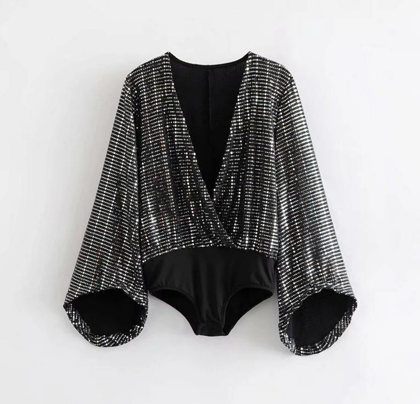 Женская Весенняя блузка с блестками и глубоким v-образным вырезом длинный