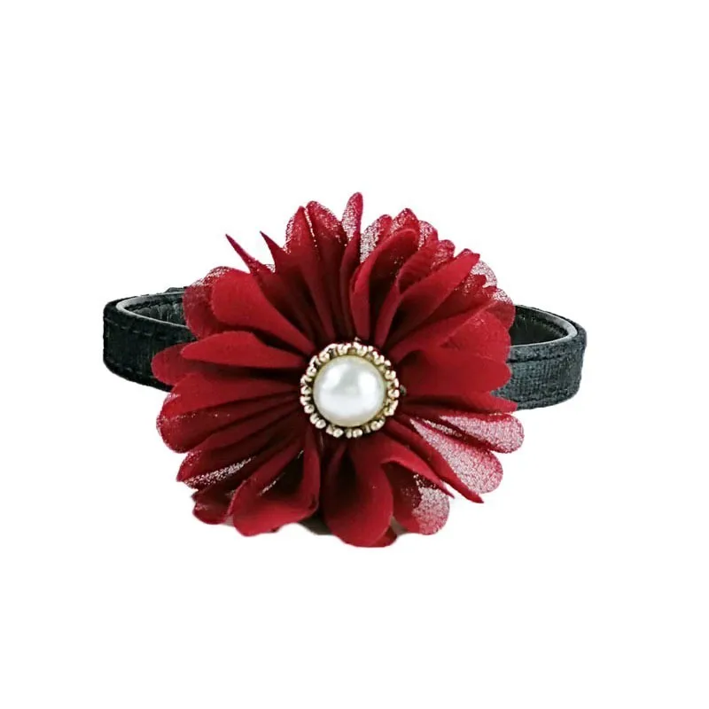 red flower Ошейник для собак, ошейник для питомцев, бант для кошек, жемчуг, нейлон, кожа, персонализированный ремешок для шеи для маленьких, средних, Перро, Шпиц, чихуахуа, Тедди - Цвет: red flower