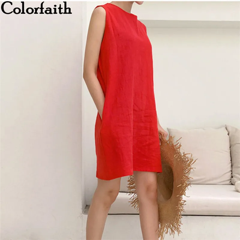 Colorfaith Летнее женское платье, хлопковое и льняное. Базовое мини короткое платье. Повседневное, офисное, вечернее, отпуск. Прямой крой. Тренд DR1818