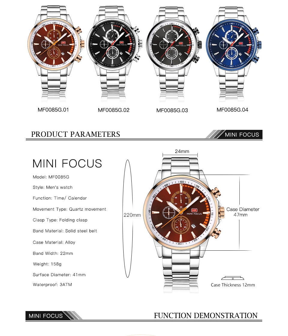 Мужские кварцевые часы с календарем хронографом и ремешком из нержавеющей стали