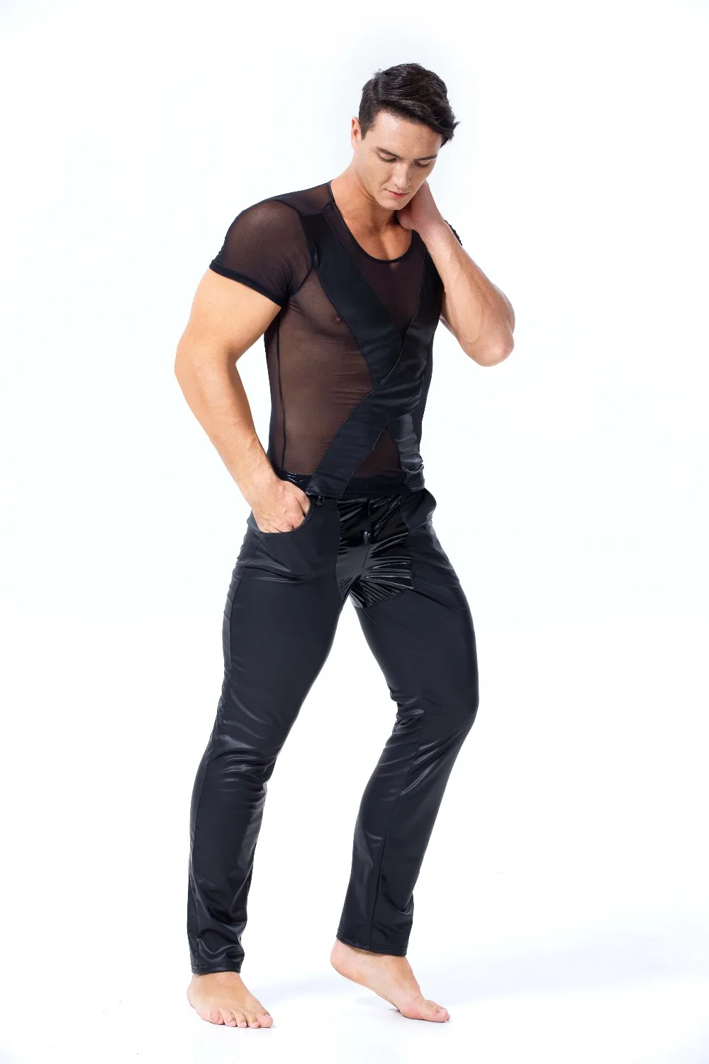 MenFaux Leather Tops Latex Catsuit Masquerade Super man Cosplay Halloween Party Dress Men Zentai Gay Fetish Wear Z6027