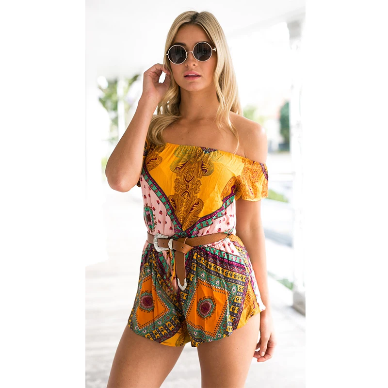 Женский Летний комбинезон Бохо с открытыми плечами короткий сексуальный