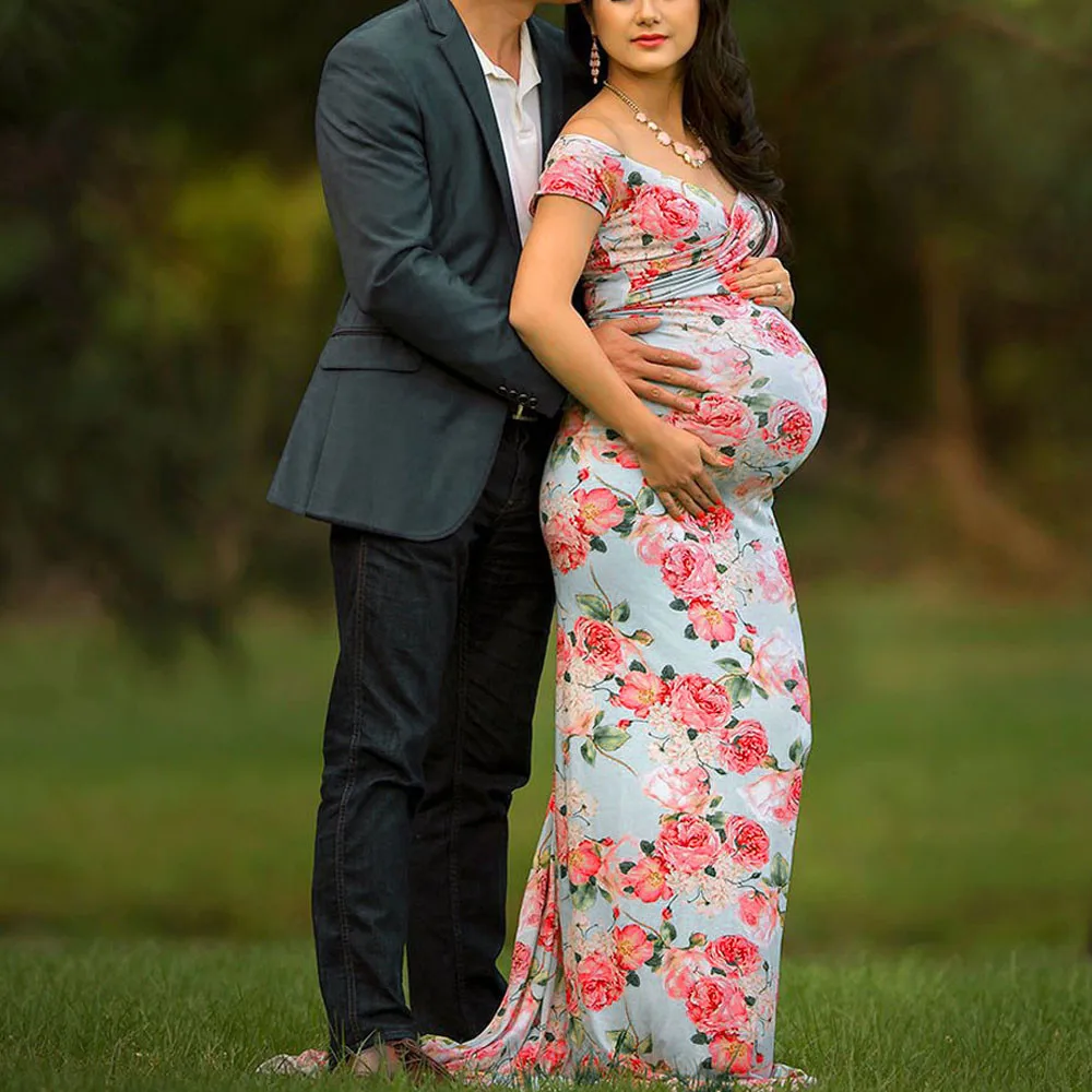 Платье для беременных женское с открытыми плечами цветочным принтом длинное