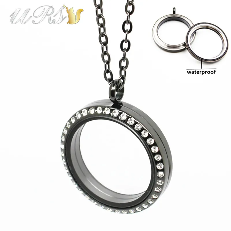 

20mm/25mm/30mm/35mm twist-off black czech crystals 316L stainless steel floating charm locket pendant with necklace