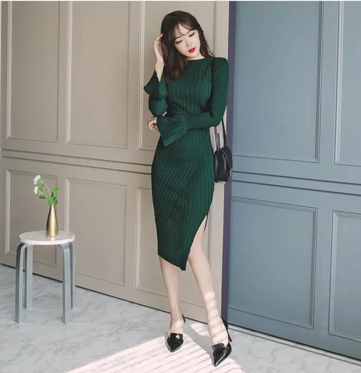 Высокое качество Осень зима 2019 однотонные вязанные топы с широкими рукавами и