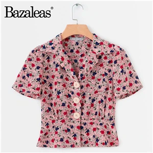 N149 red H157 Bazaleas шикарный Франция синий цветочный принт Женская блузка Винтаж 3 пуговицы blusas Мода Тонкий Blusa Feminina Прямая - Цвет: N149 red H157
