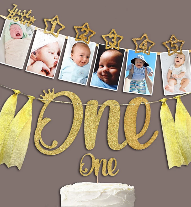 

Блеск Baby Shower Декор наряд для первого дня рождения для маленьких девочек и мальчиков вечерние золотые украшения ко дню рождения Звезда цифро...
