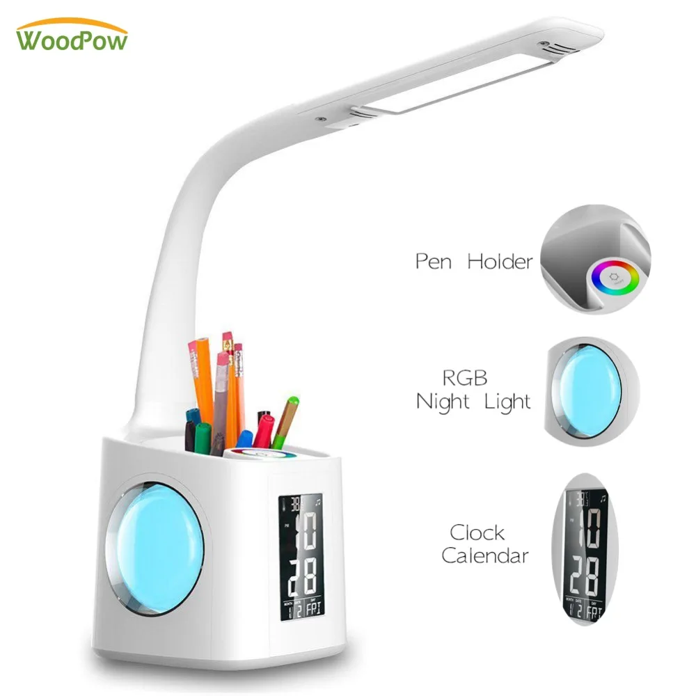 WoodPow светодиодный гибкая рука Настольная лампа с Экран календарь Красочные RGB