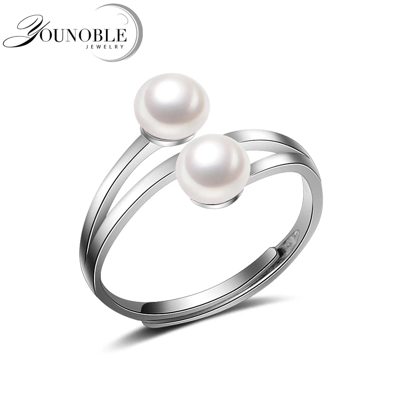 

Wedding Real 925 sterling silver ring with pearl,freshwater double pearl ring women,adjustable girl jewelry wife best gift white