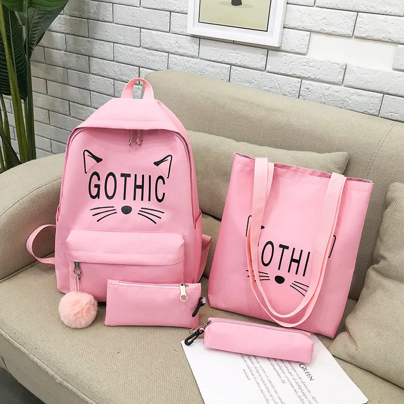 

Canvas Backpack Female 3 Pcs/set Women School Backpacks Ladies Black Pink Back bags for Teenagers Girls Casual Student Satchel