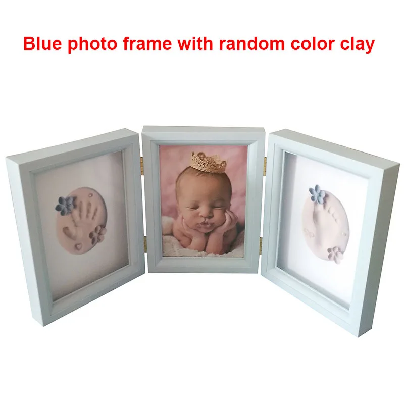 blue photo frame Детская ручная и ножная печать литой набор новорожденный отпечаток ноги игрушечная модельная глина сувениры детская фоторамка подарок - Цвет: blue photo frame