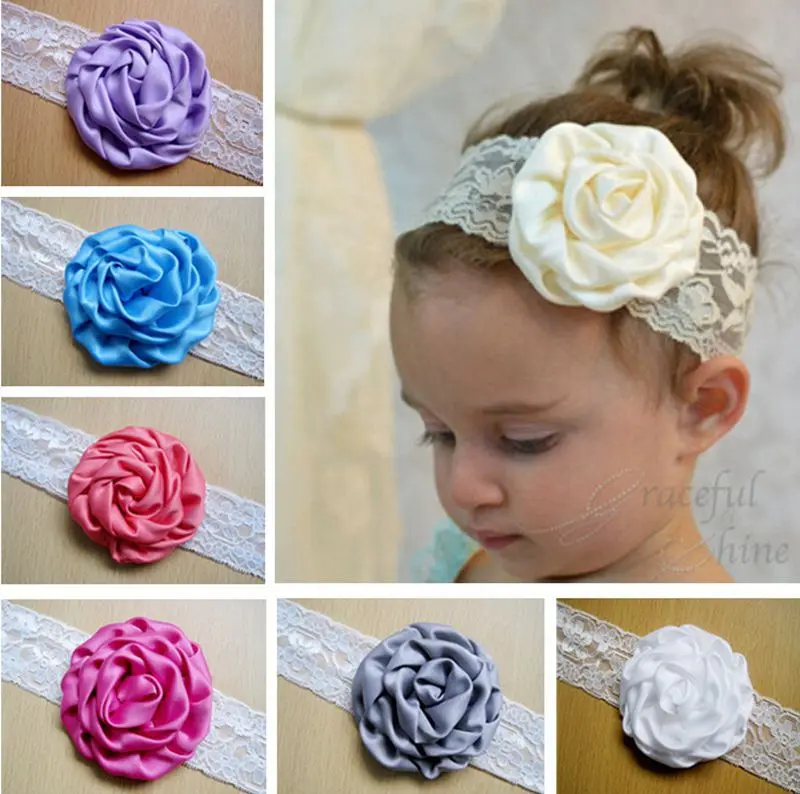 Foreign trade fabric children hair accessories headdress flower bud lace satin silk rose hairband baby turban headband 21 colors