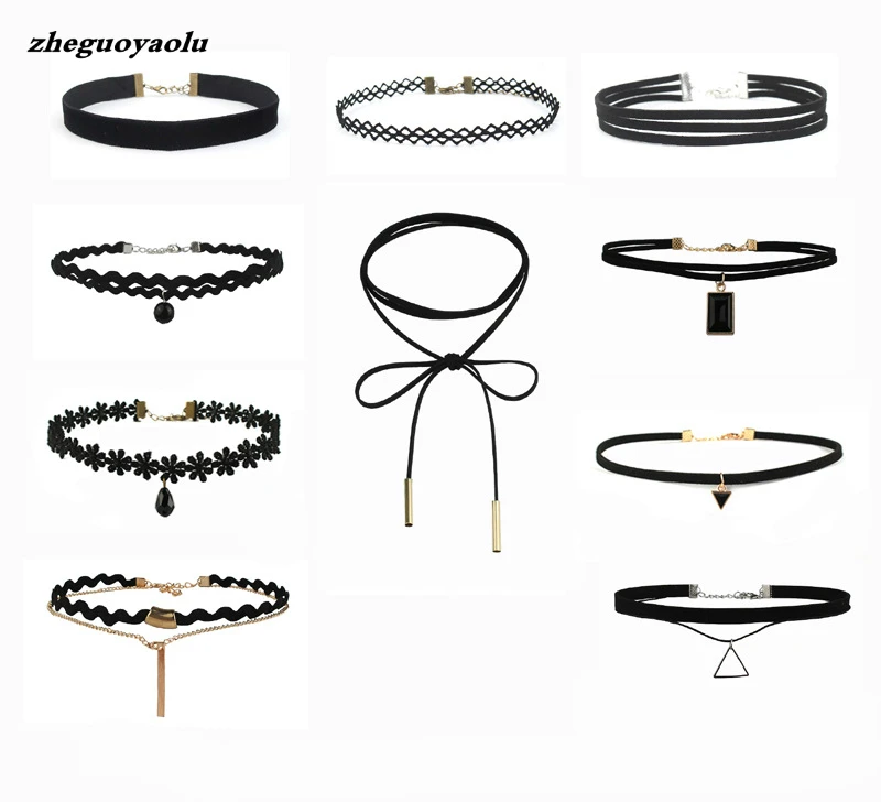 10 PCS/Set New Gothic Tattoo Leather Choker Necklaces Set for Women Hollow Out Black Lace Necklace Jewelry Collier Chain | Украшения и