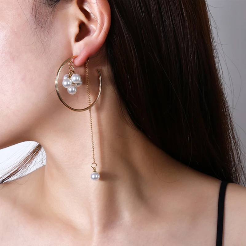 Женские тонкие серьги кольца Gothletic Rhodium/Gold 45 мм с жемчужным кластером