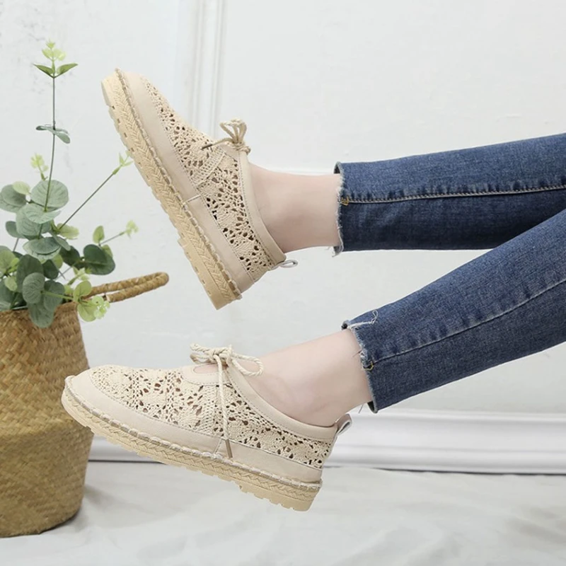 

COOTELILI Flat Shoes Woman Causal Oxfords Hollow Lace up Round toe Breathable Feminino Women Shoes White Flats Beige
