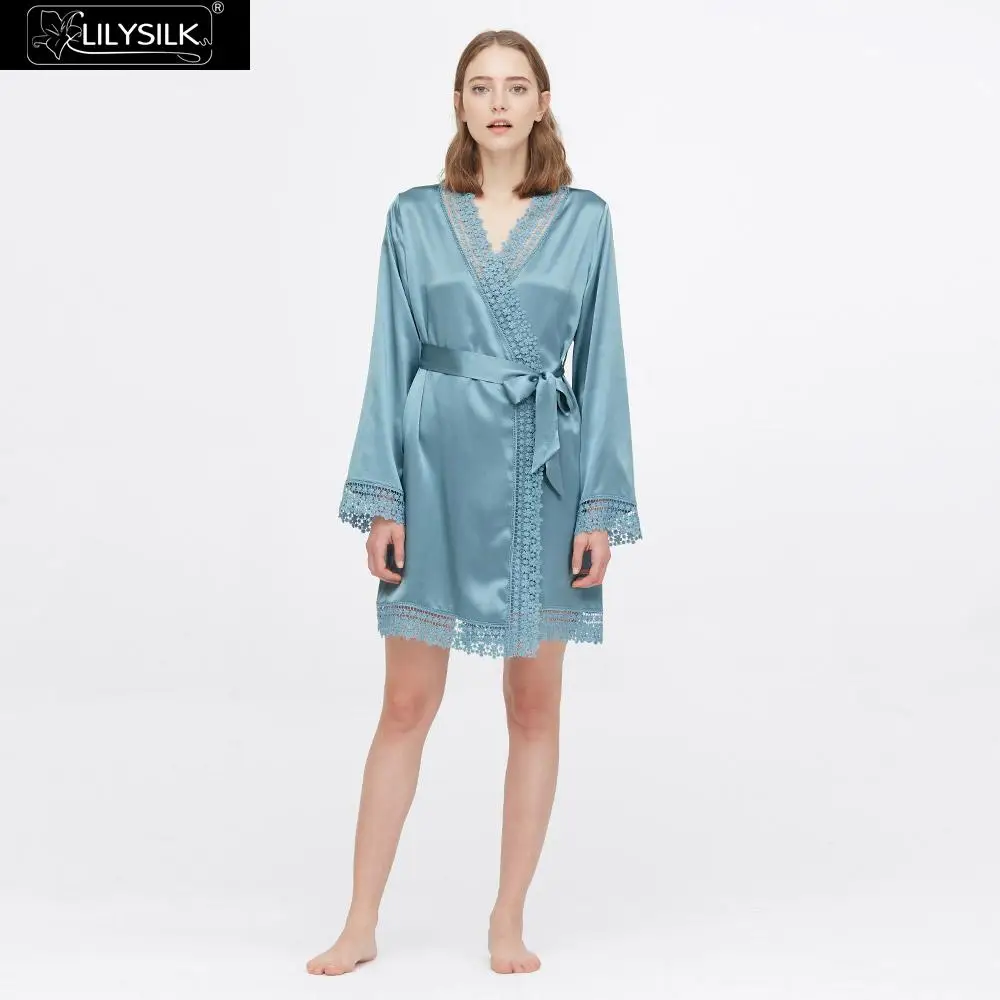 LilySilk шелковый халат 22 Momme Повседневная кружевная Роскошная Новая женская - Цвет: Blue Haze