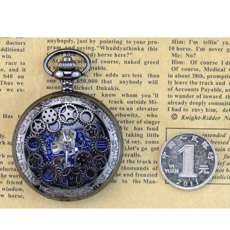 

Steampunk Gear Pendant Black Vintage Pocket Watch Fob Chain Mens Women Mechanical Watches Skeleton Dial Casual Retro Clock Gift