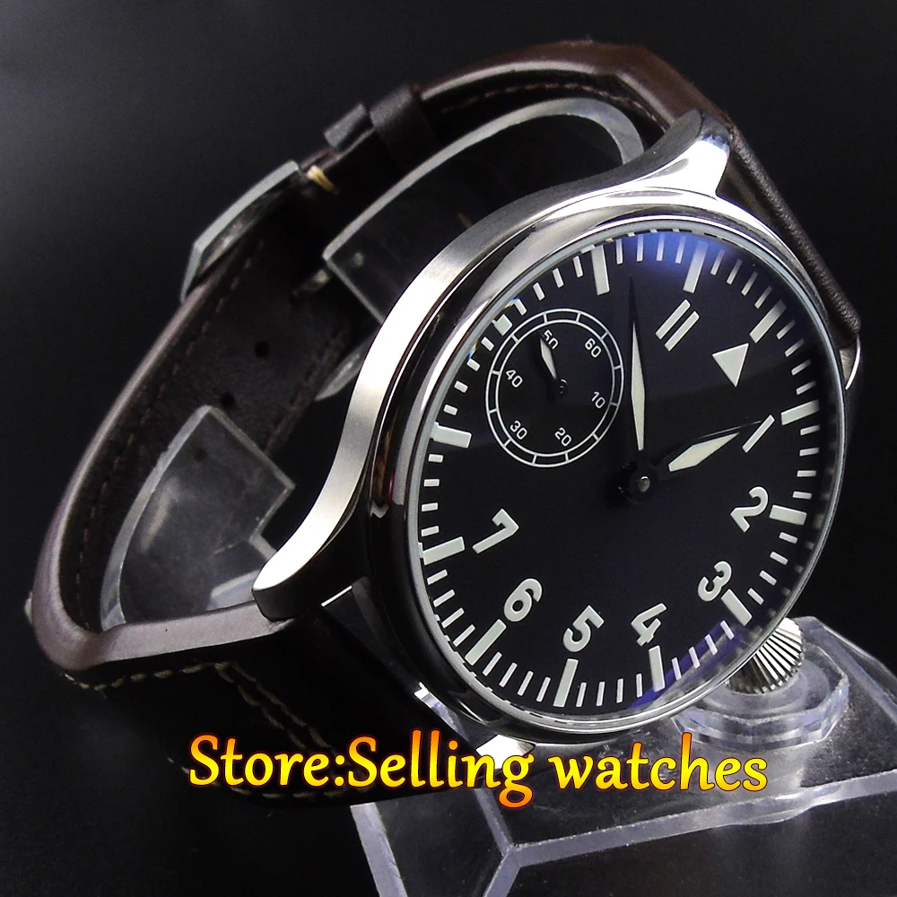 

44mm Parnis black dial blue Luminous hand winding 6498 men's Watch