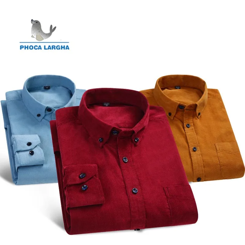 2019 Вельветовая Мужская рубашка с длинным рукавом Повседневная приталенная на