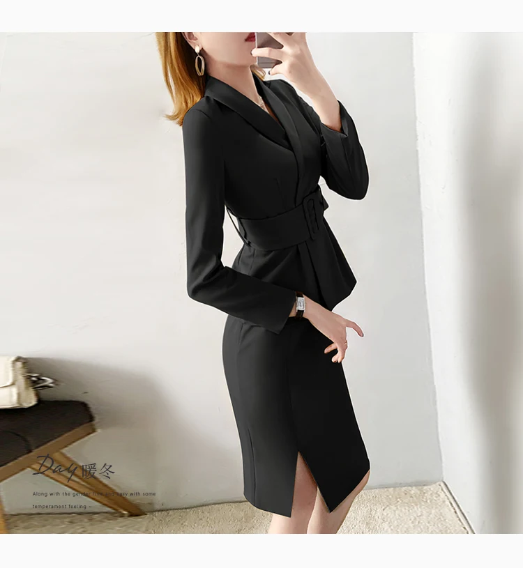 Fashion black suit skirt new high-end women's spring professional temperament waist V-neck + two-piece women |