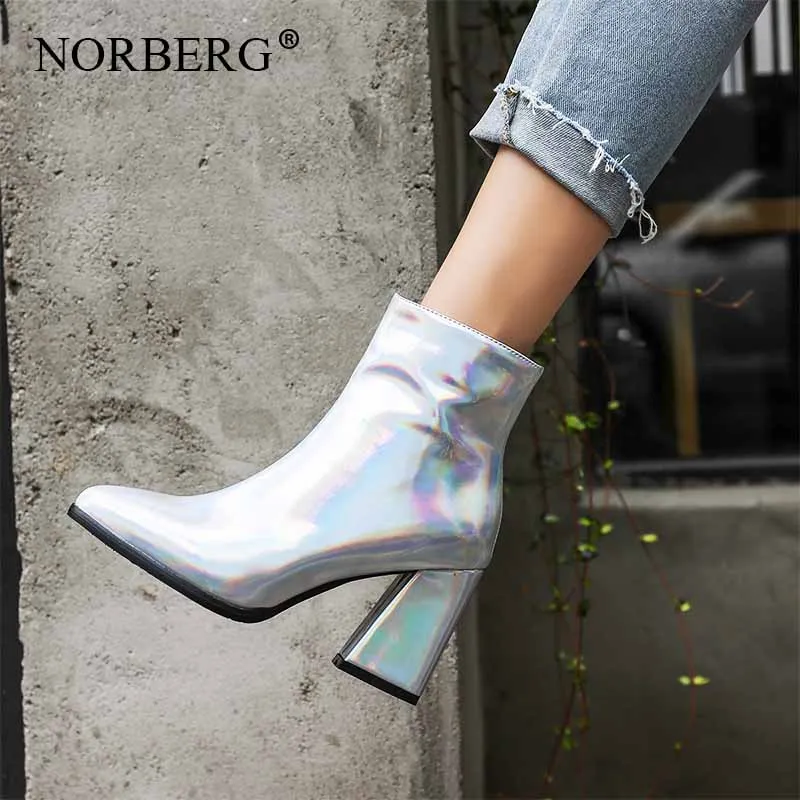 

NORBERG fashion women shoes autumn / winter bright patent leather pointed sexy high-heeled boots thick with short boots