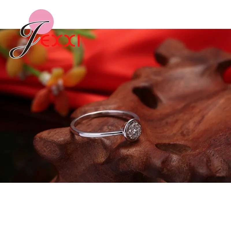 Genuine 925 Sterling Silver Round Shape Clear Cubic Zirconia Finger Rings Crystal Jewelry Present For Women Bridal Wedding | Украшения и
