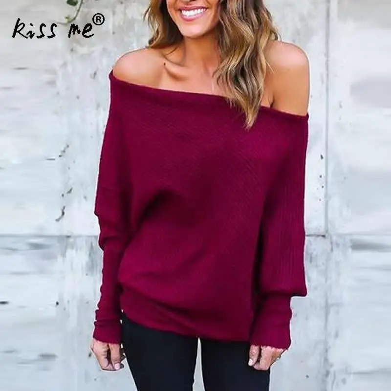 Cheaper Women Knitted Sweater New Autumn Winter Tops Long Batwing Sleeve Knit Off Shoulder Jumper Pullovers XL Solid | Женская одежда