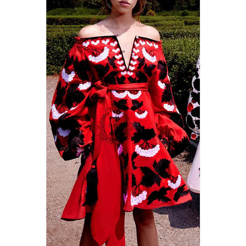 Presale/платье с вышивкой в Таиланде El vestido льняное платье и разрезом Цвет Красный