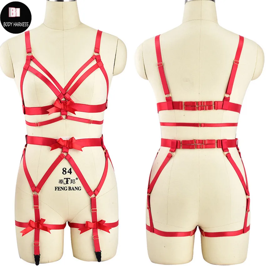

Sexy Crop Top Women Cage Bra Bustier Garter Belt Fetish Body Harness Set Rave Red Bow Bondage Lingerie Harness Belt