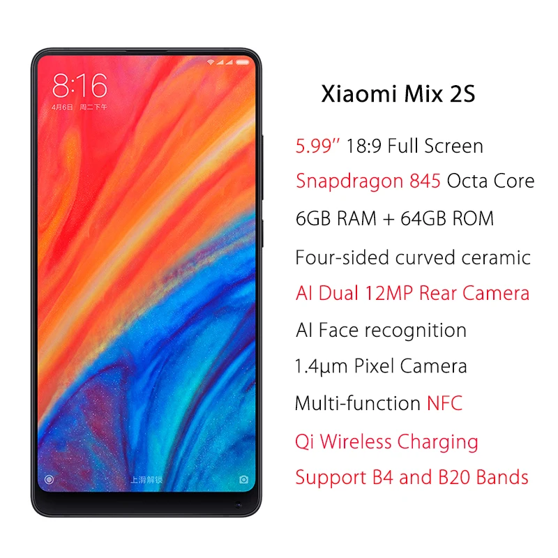Xiaomi mi x 2 S 6 ГБ 64 мобильный телефон 5 99 ''полный Экран Snapdragon 845 NFC 12MP 20MP двойной PD