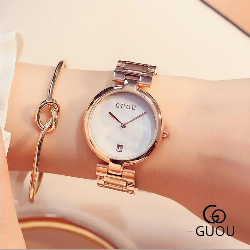 Часы наручные GUOU женские Полностью стальные брендовые роскошные с датой и