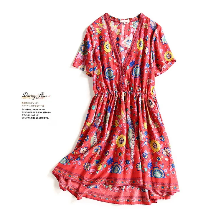 2017 Для женщин красный глубокий v образным вырезом короткий рукав с цветочным