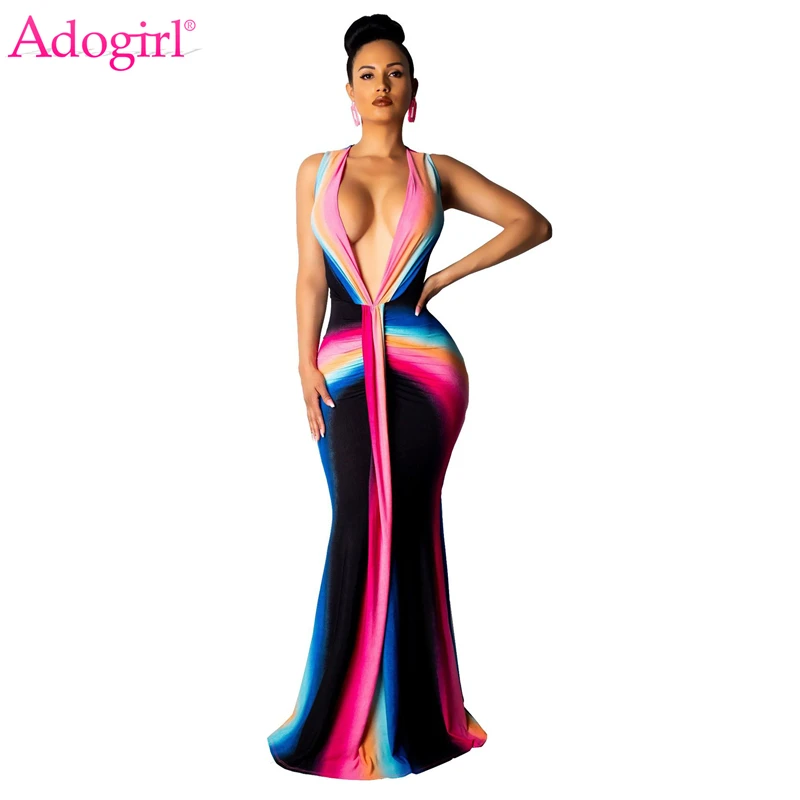 Женское вечернее платье в полоску Adogirl длинное облегающее без рукавов с глубоким